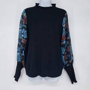 Sioni Milano Black Signature Soft Sheer Floral‎ Balloon Sleeve Top Size Large